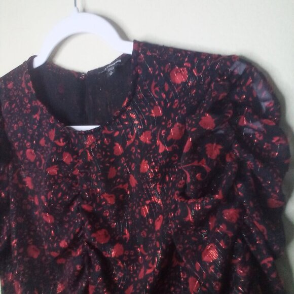 Express Blouse Shirt Women S 1/2 Gathered Sleeves Lined Pattern Red Black - Picture 8 of 15